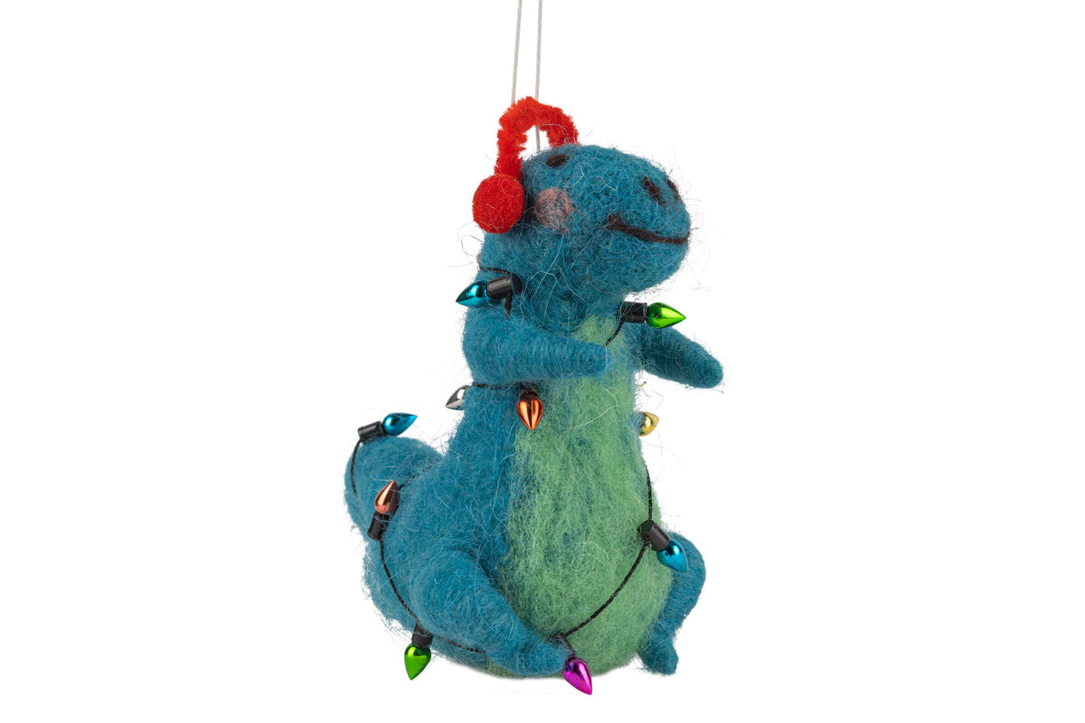 A12747-Felt dinosaur wrapped in light string orn, blue, 4 in