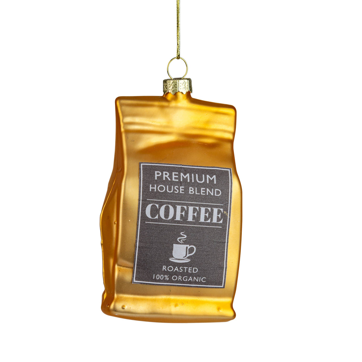 A14310-Glass coffee bag orn, gold/black label, 4 in