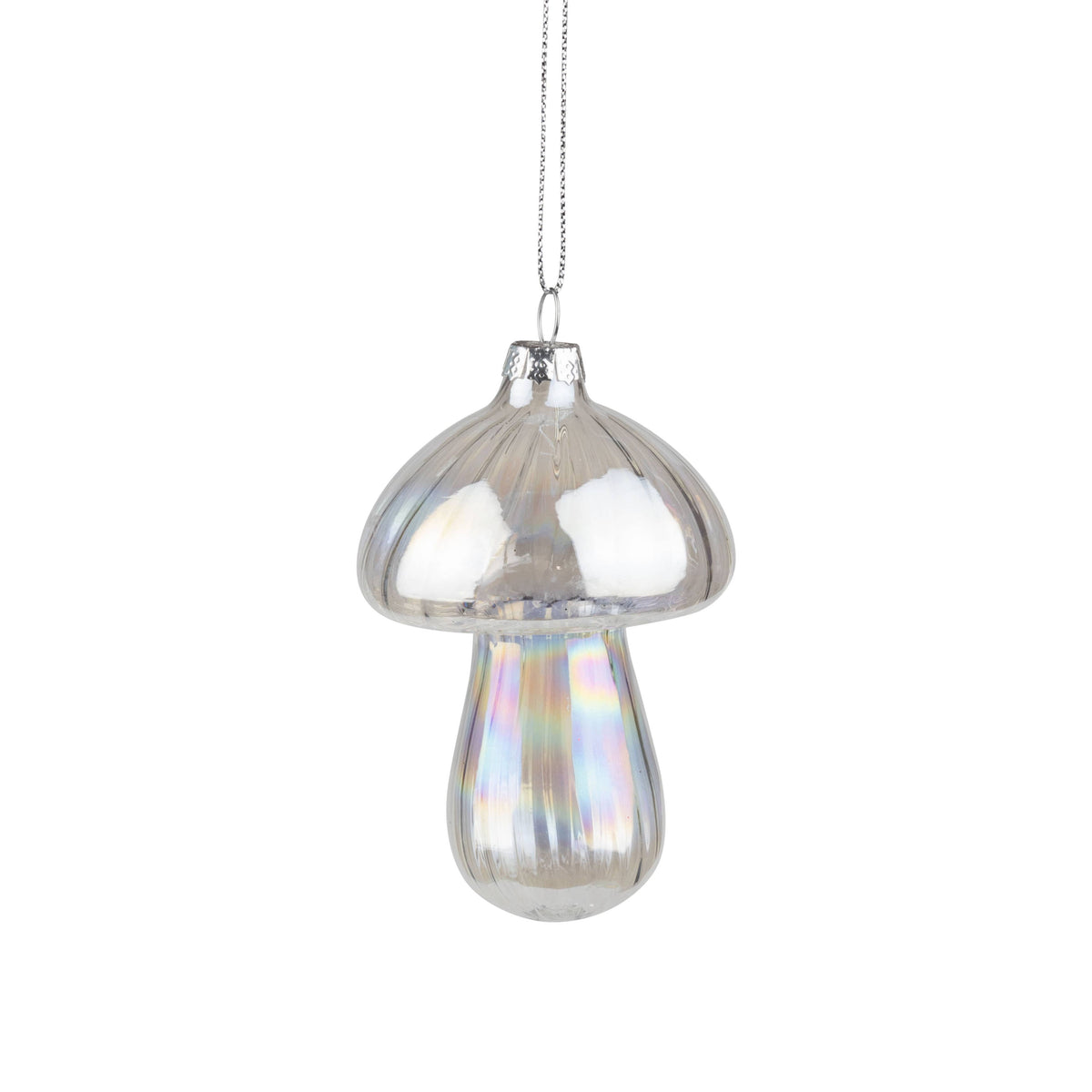 A25560-Clear glass mushroom orn/iridescent finish, 3.5 in