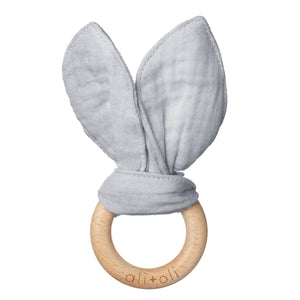 Crinkle Bunny Ears Wooden Ring Teething Toy for Baby (Grey)