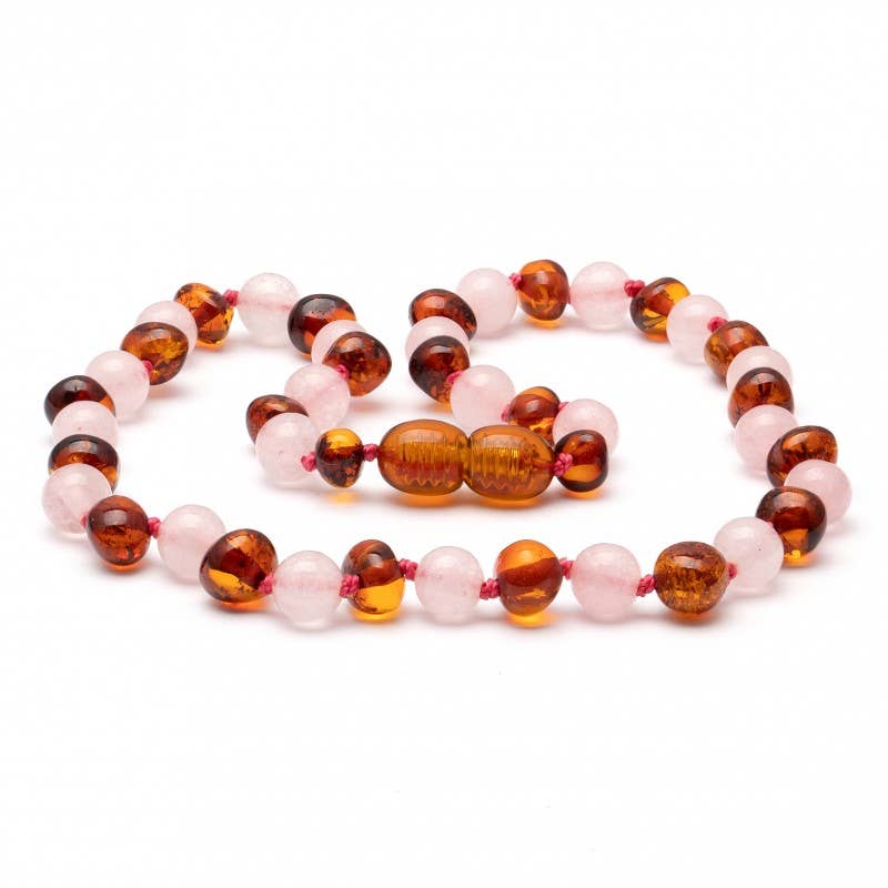 Cognac Polished Amber & Pink Quartz Necklace Pop Clasp